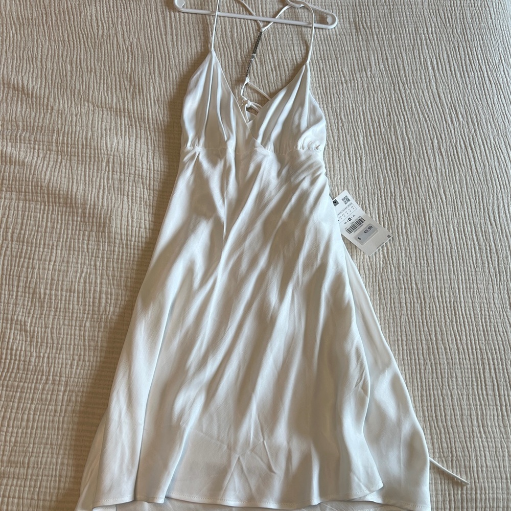 Zara Satin White Mini Dress with Rhinestones - Picture 2 of 5